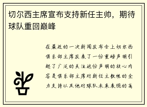 切尔西主席宣布支持新任主帅，期待球队重回巅峰